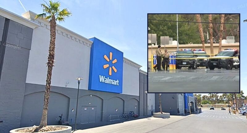 Inset: Police at the scene of the Las Vegas Walmart where a man pulled out a gun and shot someone inside the store before being killed by cops (KTNV/YouTube). The Walmart in Las Vegas, Nev., where a man was killed by police after shooting a person he got into an argument with (Google Maps).