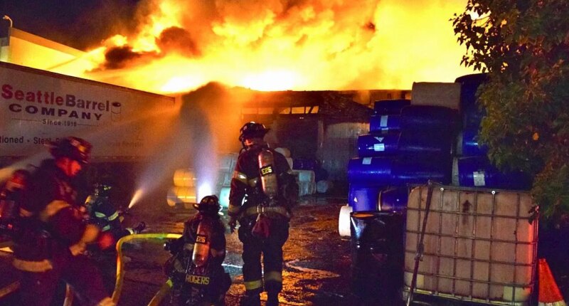 Seattle fire crews respond to 3-alarm Industrial District warehouse fire, roof partially collapses