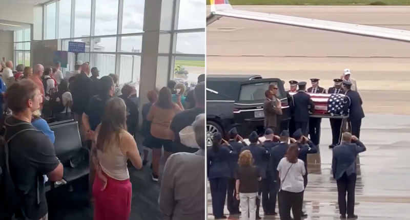 Travelers unite in powerful moment of silence as fallen US service member returns home