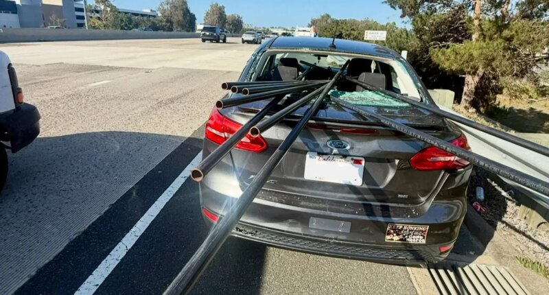 Unsecured metal pipes impale California sedan in terrifying highway crash