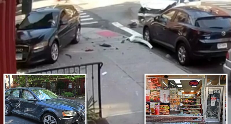 Video shows NYC driver nearly hit cop before car flies into deli