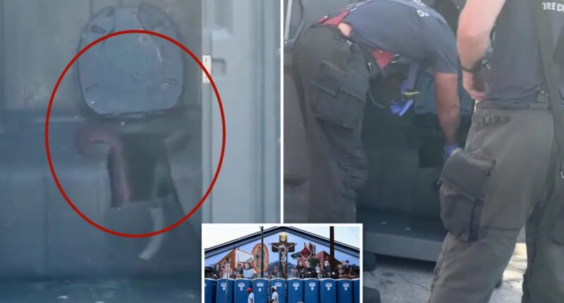 Wacko was trapped in porta-potty tank for eight hours after trying to retrieve Mountain Dew
