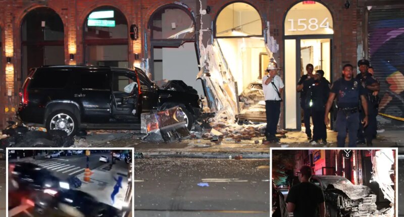 Wild video shows two cars almost hit pedestrian as smash into Brooklyn building in suspected road rage clash