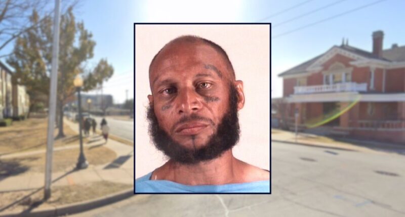 Steven Black appears in a booking photo inset against an image of a residential street in Texas.