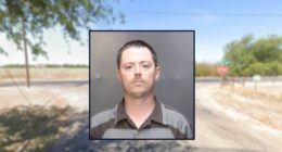 Romi Frentescu appears in a booking photo inset against an intersection in Texas.