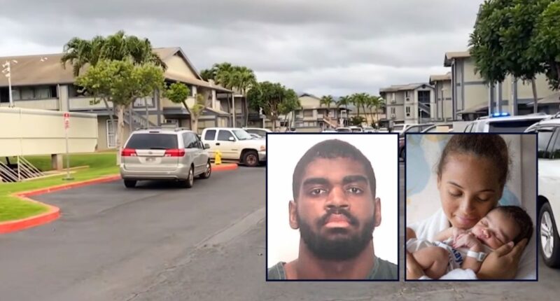 Left inset: Kendall Ramsey (Honolulu Prosecutor's Office). Right inset: Kayla Holder and her infant son Kainoa Ramsey (GoFundMe). Background: The apartment complex in Hawaii where Kendall Ramsey stabbed his girlfriend Kayla Holder and their 6-month-old son Kainoa Ramsey to death (KITV/YouTube).