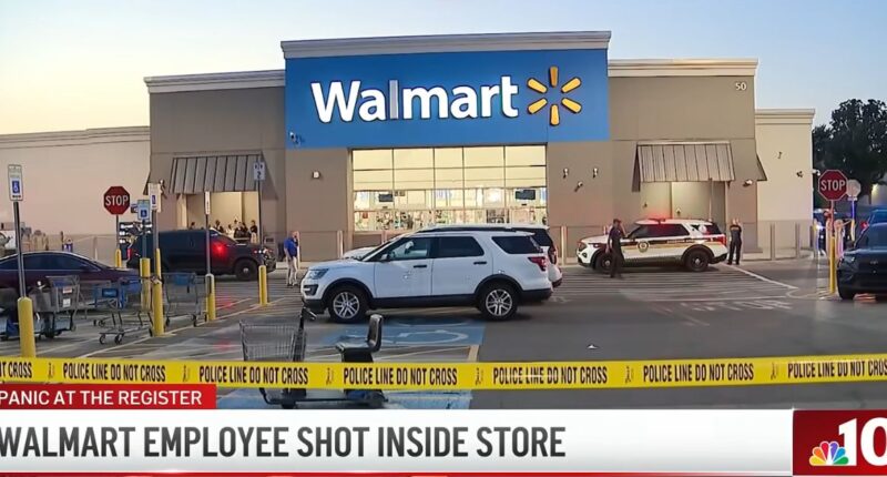 The Walmart in Glenolden, Pa., where cops say two customers got into a fight that led to a worker being shot (WCAU/YouTube).