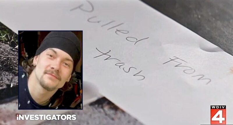 Inset: Ethan Bennett. Background: An envelope marking Ethan Bennett's body parts after they were allegedly thrown away (WDIV/YouTube).