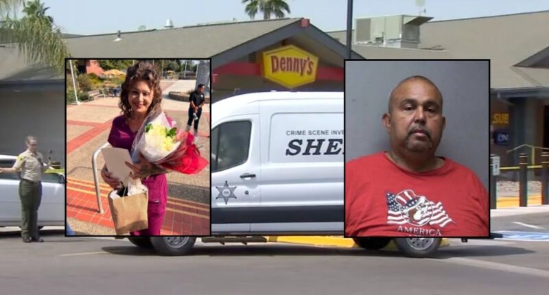 Inset, left to right: Brittney Harris immediately after graduating from Merced College's nurse assistant program (KFSN) and David Moreno (Madera County Sheriff's Office). Background: Authorities at the Denny's where Moreno allegedly killed Harris (KFSN).