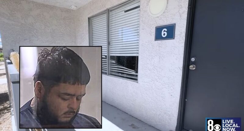Inset: Juan Orona in court. Background: The Nevada apartment where Juan Orona allegedly shot his girlfriend and her two kids (KLAS/YouTube).