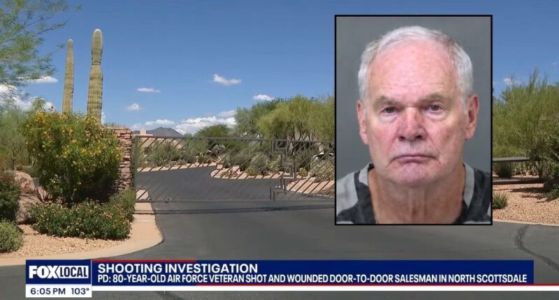 Inset: Patrick McBride (Maricopa County Sheriff's Office). Background: The private community in Arizona where Patrick McBride allegedly shot and killed a door-to-door salesman (KSAZ/YouTube).