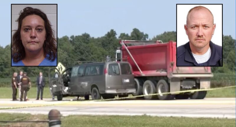 Inset, left to right: Maci Marquelle Atkinson (Randolph County Jail) and Brad Fisher (Town of Lynn). Background: Authorities at the scene where Atkinson allegedly killed Fisher (WTHR).