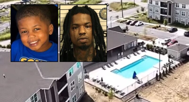 Left inset: Sy'mir Draco Vinson (Taylor Funeral Home of Chattanooga). Right inset: Deshundre Vinson (Hamilton County Sheriff's Office). Background: The Tennessee apartment complex pool where cops say Sy'mir Draco Vinson drowned (WTVC/YouTube).