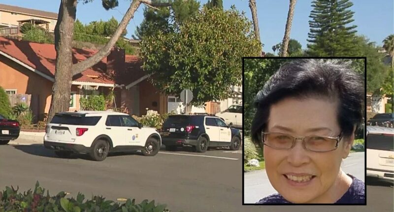 Inset: Monica Moon Lee, one of the women killed by Jianchun Li (Rose Hills Memorial Park & Mortuary). Background: Police at the California assisted living facility where Jianchun Li murdered two residents (KTLA).