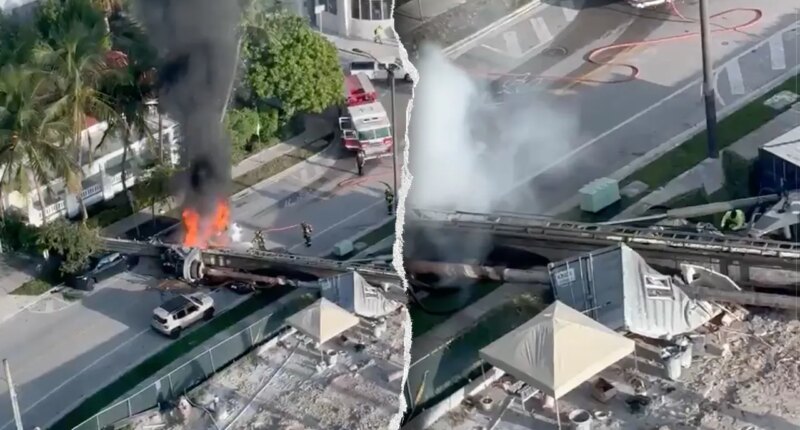 Construction rig collapses on 3 cars in Miami, traps workers as fire erupts