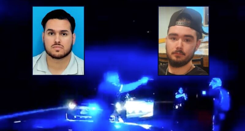 Carlos Uribe and Camden Childers appear in images inset against themselves seen in body-worn camera footage.