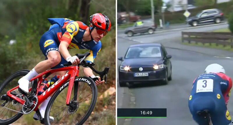 Cyclist narrowly avoids collision with car on German race course just weeks after fatal crash