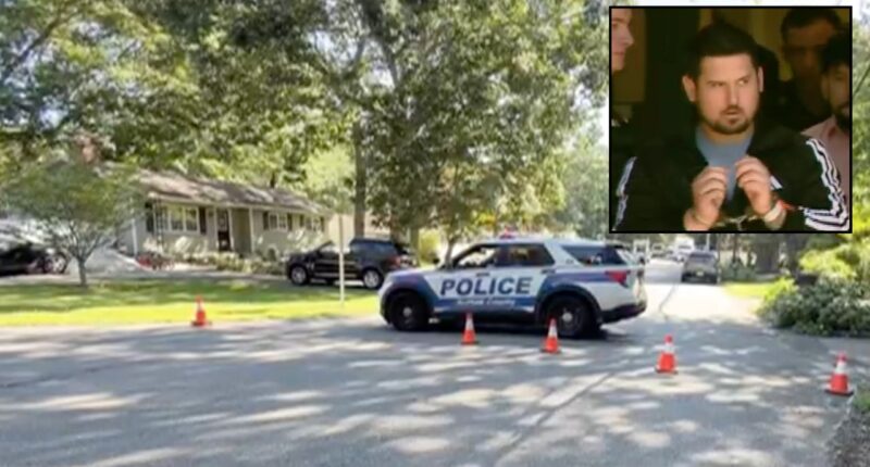 Inset: Sage Arias-Brown being escorted by Suffolk County Police (News12). Background: The area in Long Island where Arias-Brown allegedly killed his father (News12).
