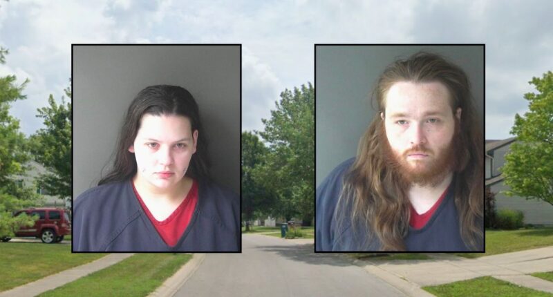 Inset, left to right: Elizabeth Lynn Crow and Jacob Aaron Neal (Frankfort Police Dept.). Background: The area in Frankfort where the defendant allegedly abused Neal's 9-year-old son (Google Maps).