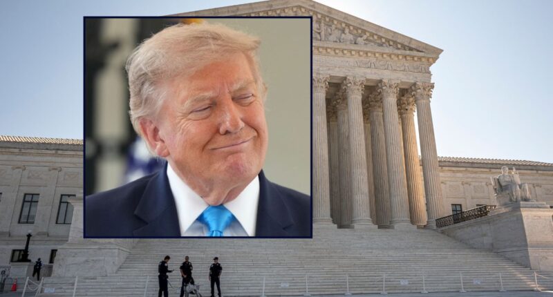 Donald Trump inset against the U.S. Supreme Court building.