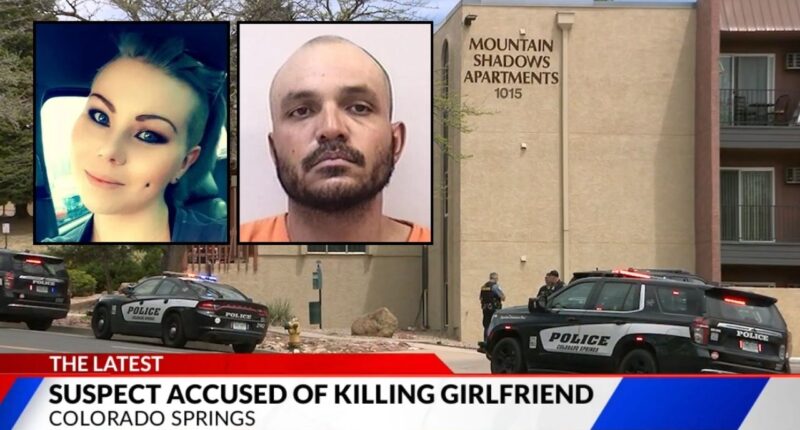 Left inset: Lisa West (Manchester Funeral Home). Right inset: Kevin Wells (Colorado Springs Police Department). Background: Colorado police at the apartment complex where Lisa West was murdered by Kevin Wells (KXRM/YouTube).