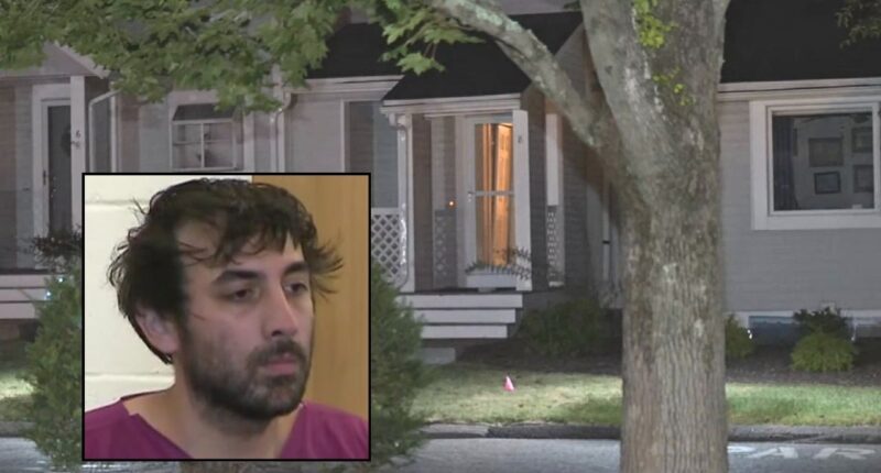 Inset: Matthew Cruz in court (WHDH). Background: The home in Taunton, Mass., where Matthew Cruz allegedly killed his girlfriend (WJAR).