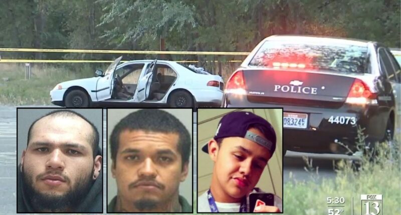 Left inset: Martin Cruz (Salt Lake County Sheriff's Office). Center inset: Fortunato Nato Villagrana (Salt Lake City Police Department). Right inset: Paris Gustin (KTVX). Background: Utah police at the scene of the shooting that left 16-year-old Paris Gustin dead (KSTU/YouTube).