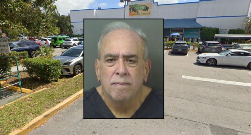 Inset: Glenn Stuart Hartman (PBCSO). Background: The farmers market where Hartman allegedly tried to run down a random pedestrian (Google Maps).