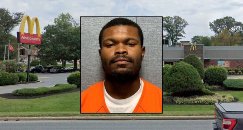 Inset: Ja'Quan Dontremique Green (Prince George's County Police). Background: The McDonald's where Green killed an employee in May 2022 (Google Maps).