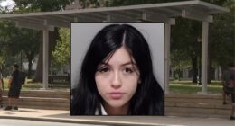 Inset: Karla Ibarra (Bexar County Sheriff's Office). Background: The bus stop in San Antonio where Karla Ibarra allegedly handed over her baby to a woman (KSAT/YouTube).