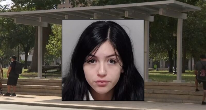 Inset: Karla Ibarra (Bexar County Sheriff's Office). Background: The bus stop in San Antonio where Karla Ibarra allegedly handed over her baby to a woman (KSAT/YouTube).