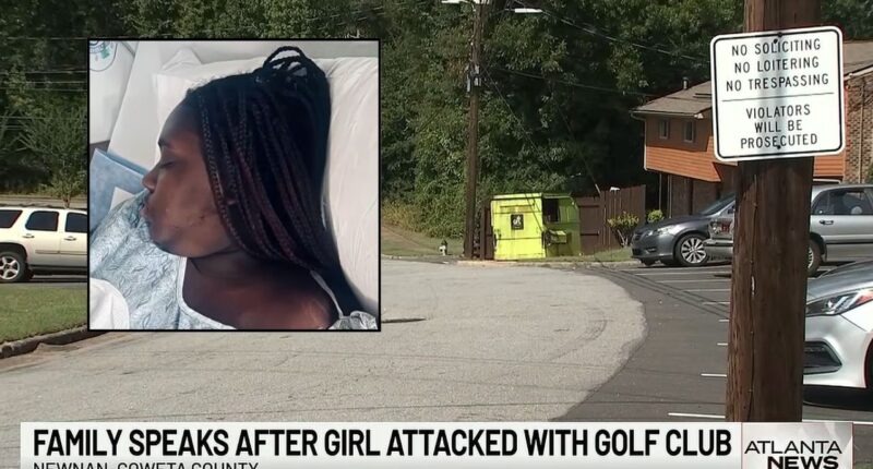 Inset: Keira Harps. Background: The area in Georgia where Keira Harps was allegedly attacked with a golf club (Atlanta News First/YouTube).