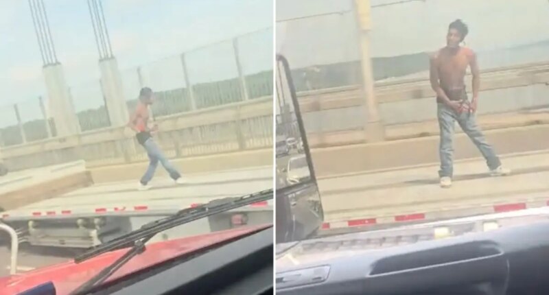 NYC daredevil Arnesia Crawford dances on flatbed truck over George Washington Bridge