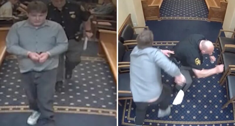Ohio felon Timothy J. Reaggle slips cuffs, punches bailiff in the throat and bolts for the exit seconds after being sentenced to prison