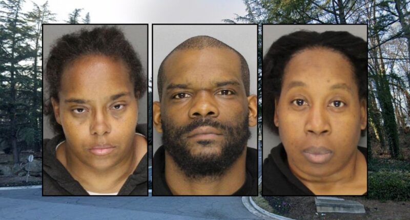 Left inset: Ashley Jackson. Center inset: Derrick Jackson. Right inset: Briana Reynolds (Cobb County Sheriff's Office). Background: The entrance to the Georgia apartment complex where Ashley Jackson, Derrick Jackson, and Briana Reynolds were allegedly keeping their 15 children in "deplorable conditions" (Google Maps).
