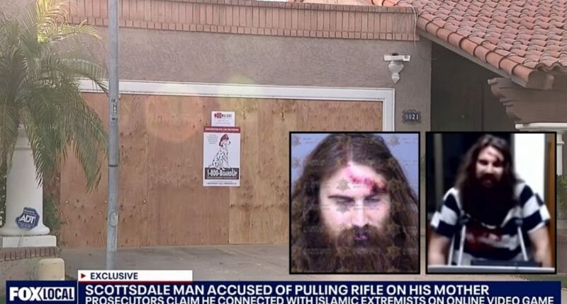Insets: Beau Lieurance (Maricopa County Sheriff's Office/KSAZ/YouTube). Background: The Arizona home where Beau Lieurance allegedly pulled a gun on his mom and another person (KSAZ/YouTube).