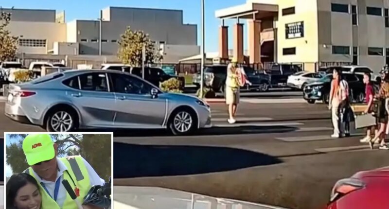 Wild dashcam video shows crossing guard shield mother and 2 kids from speeding car: 'You're a hero!'