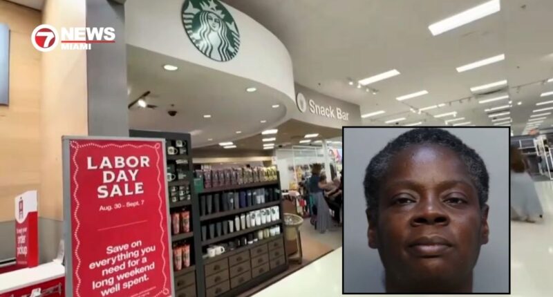 Inset: Chyvonne Palmer (Miami-Dade County Corrections and Rehabilitation). Background: The Target Starbucks in Florida where Chyvonne Palmer allegedly attacked a teen (WSVN/YouTube).