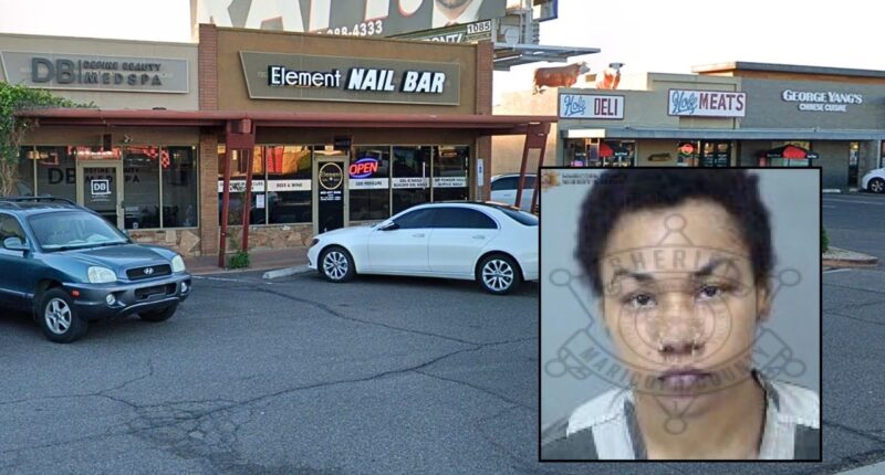 Inset: Essence Mire (Maricopa County Sheriff's Office). Background: The Arizona nail salon where Essence Mire allegedly went berserk over a $15 fingernail repair (Google Maps).