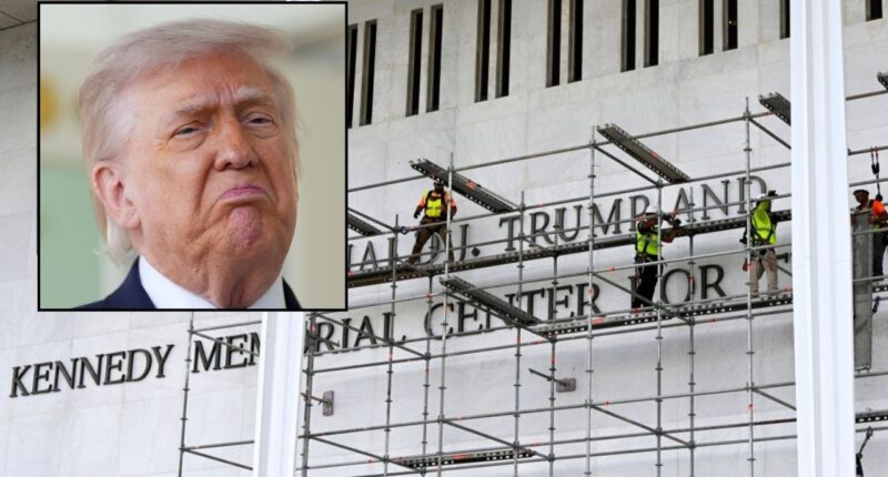 Inset: President Donald Trump speaks outside the Oval Office of the White House, Monday, April 13, 2026, in Washington (AP Photo/Alex Brandon). Background: Workers stand on scaffolding near the signage for the Donald J. Trump and John F. Kennedy Memorial Center for the Performing Arts in Washington, DC, on June 12, 2026. (Photo by Olivier Douliery/Abaca/Sipa USA - Sipa via AP Images).