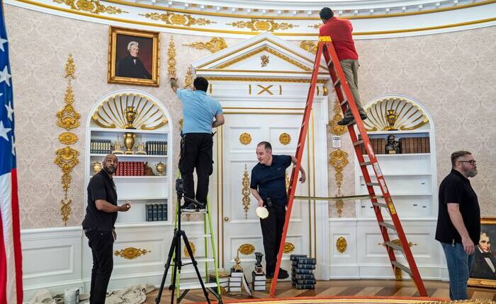 A replica Oval Office near the White House just got a new Trump makeover. Gold flourishes abound