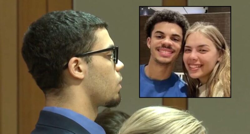 Inset: Zarrius Hildabrand and Saria Hildabrand (KSTU). Background: Zarrius Hildabrand being sentenced for shooting his Alaska National Guard combat medic wife Saria Hildabrand to death in Anchorage (KTUU).