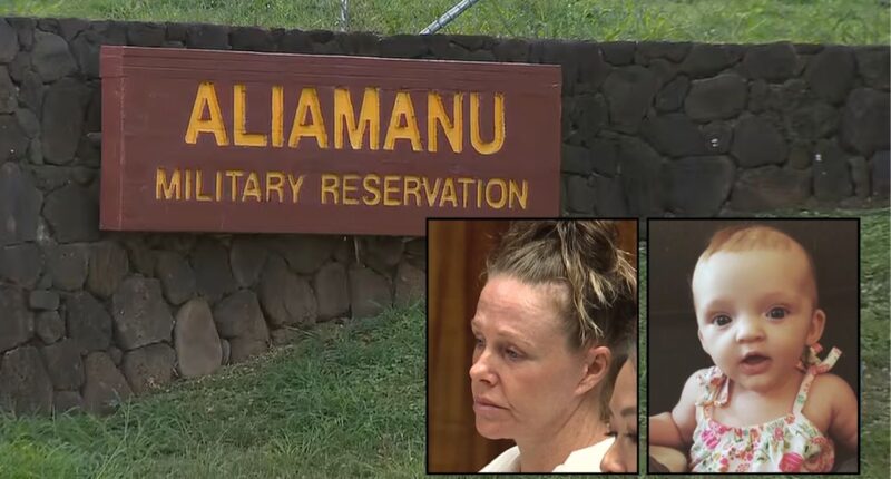 Left inset: Dixie Denise Villa in court. Right inset: Abigail Lobisch. Background: The Hawaii military reservation where Dixie Villa gave Abigail Lobisch a lethal dose of Benadryl (Hawaii News Now/YouTube).