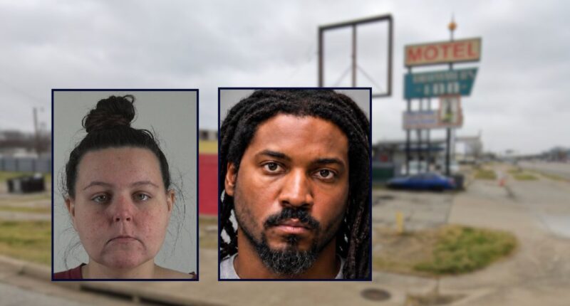 Avia Cantrell and Camron Baker appear inset, left to right, against a motel in Texas.