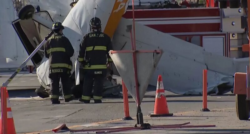 Dashcam video captures small plane crashing on San Jose highway, injuring three on board, including child