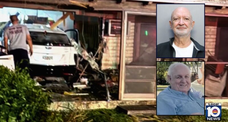 Inset top: Allen Matis (Miami-Dade Corrections). Inset bottom: Henry Bezy (WTVJ). Background: The home of Henry Bezy in Coral Gables, Florida (WPLG).