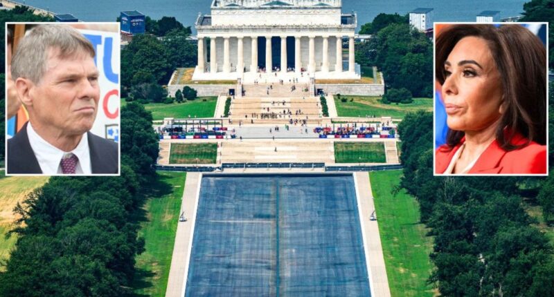 David Hearn and Jeanine Pirro inset against the Lincoln Memorial Reflecting Pool.
