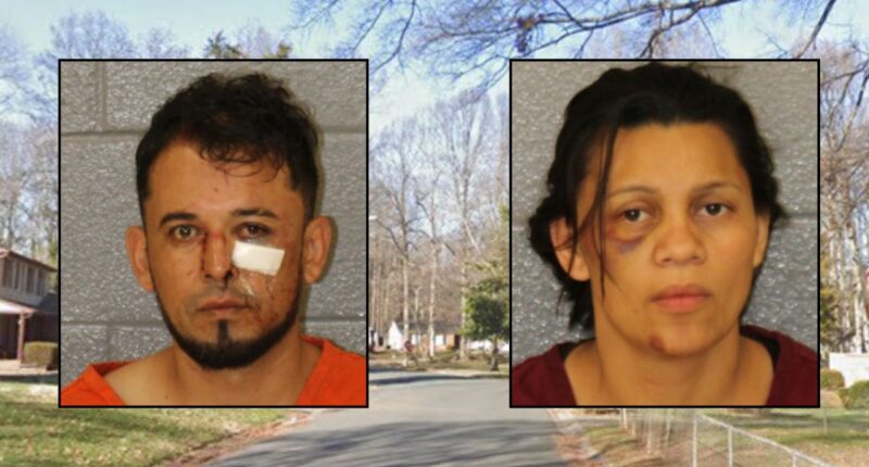 Inset, left to right: Gabriel Antonio Santos-Funes and Maria Valladares (Mecklenburg County Sheriff's Office). Background: The area in North Carolina where the family allegedly abused their kids and assaulted police officers (Google Maps).