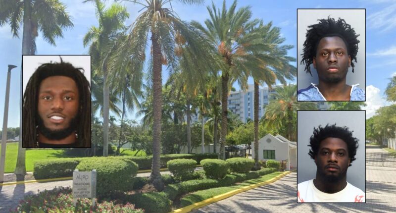 Background: The Aliro luxury apartment complex in North Miami, Florida (Google Maps). Insets, clockwise from left: Eddrick Malik Bethune (Miami-Dade Sheriff's Office), Devorise Carl Johnson (Miami Dade Corrections and Rehabilitation), Naquon Jahrell Fagan (Miami Dade Corrections and Rehabilitation).