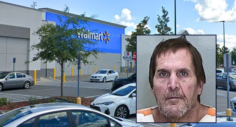 Inset: Burton McDonald (Marion County Sheriff's Office). Background: The Walmart in Ocala, Fla., where Burton McDonald and his roommate were being picked up by an Uber (Google Maps).